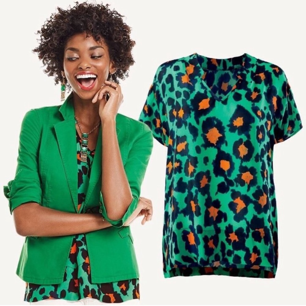 Cabi 5023 Rita Leopard Print Green & Blue Top